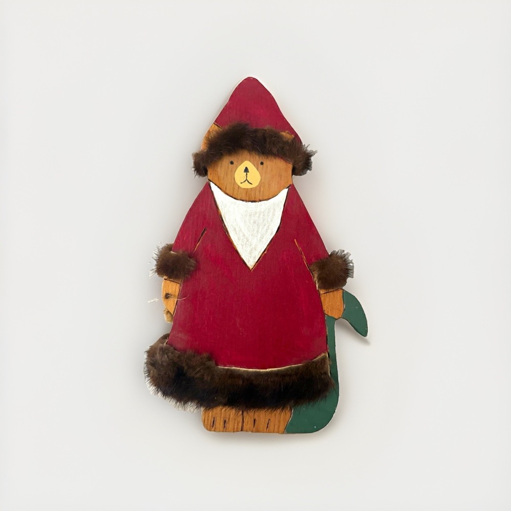 Vintage Wooden Bear Christmas Wall Hanging Figurine Painted Red Coat Fur Trim